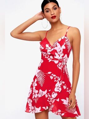 Islet It Be Red Tropical Print Ruffled Mini Dress
